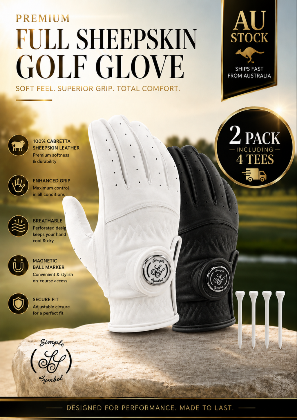 Simple Symbol Gift Box Black & White Full Sheep-skin Golf Glove With Four Golf Tees
