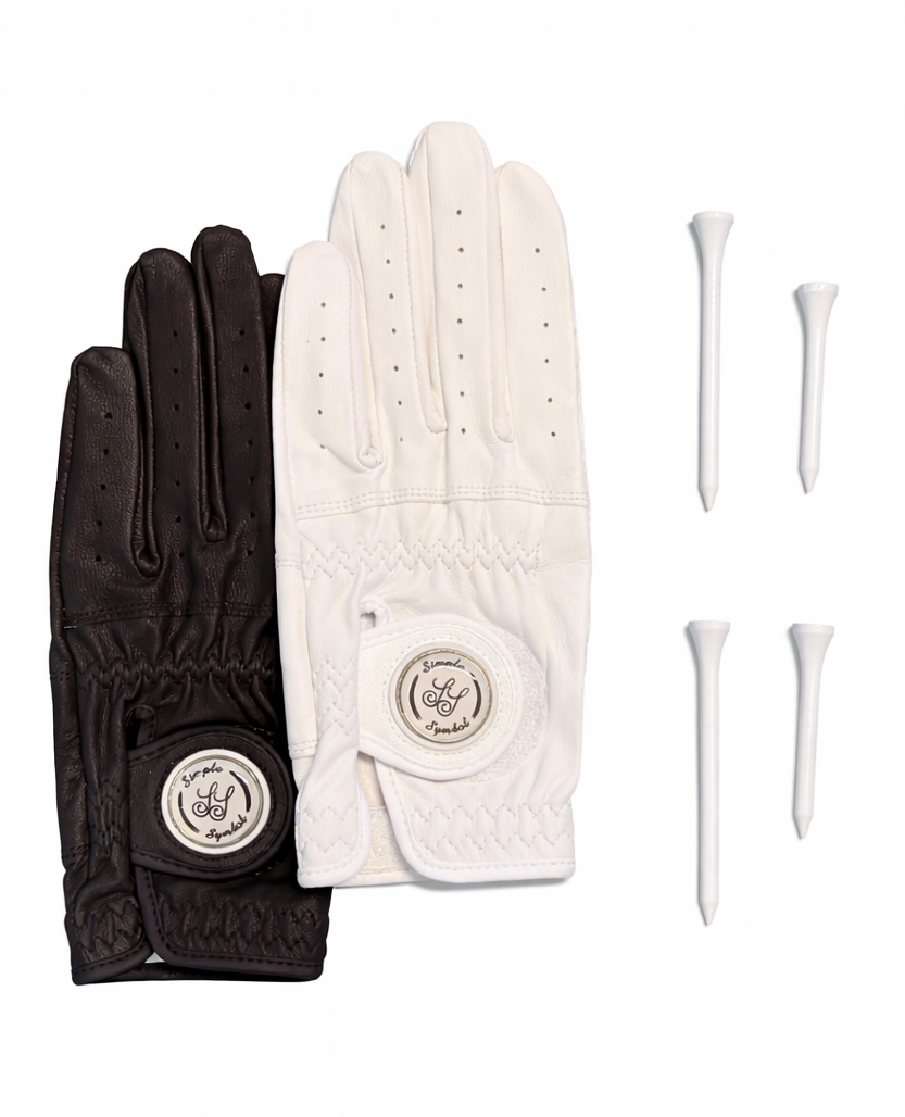 Simple Symbol Gift Box Black & White Full Sheep-skin Golf Glove With Four Golf Tees